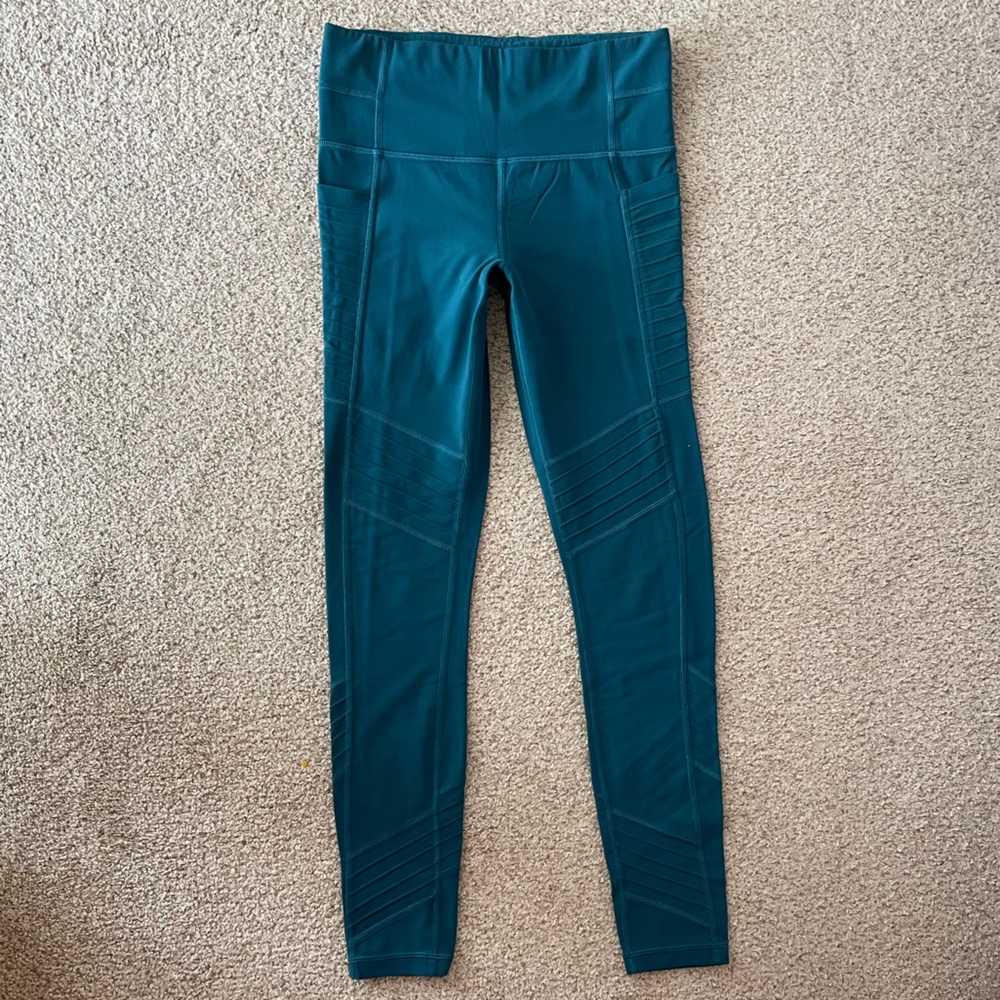 Athleta Moto Leggings w/stash pocket tights teal blue green full length size XS